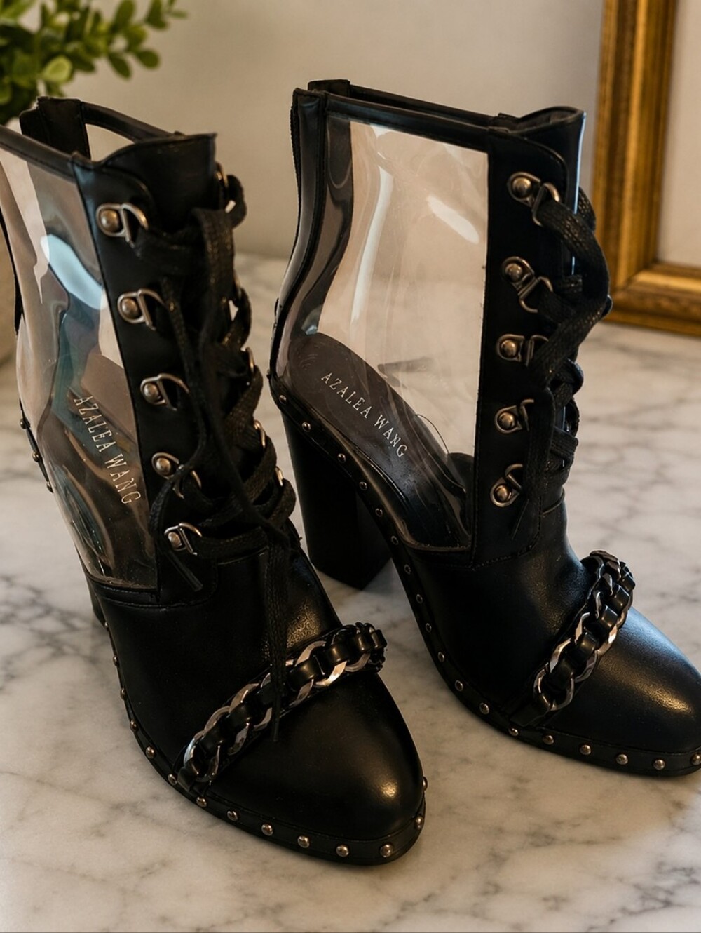 Azalea Wang Studded Black Clear Booties Size 8.5